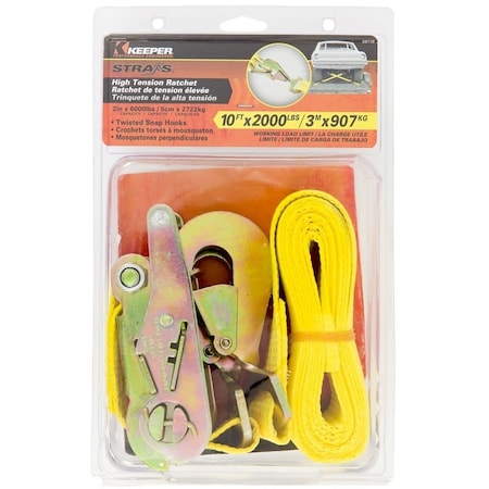 Keeper Tie-Down, 2 in W, 10 ft L, Hi-Test Webbing, Yellow, 2000 lb, Twisted Snap Hook End Fitting 04110