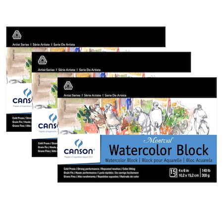 Canson Artist Series Montval Watercolor Block, Foldover Binding, 15 Sheet, 4x6 inch, 3PK C100511061