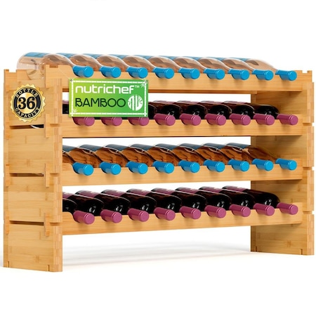 Serenelife 36 Bottle Wine Rack Stackable Bamboo Freestanding, 4-Tier Modular Shelf, Sturdy Wobble Free SLWMDSF200