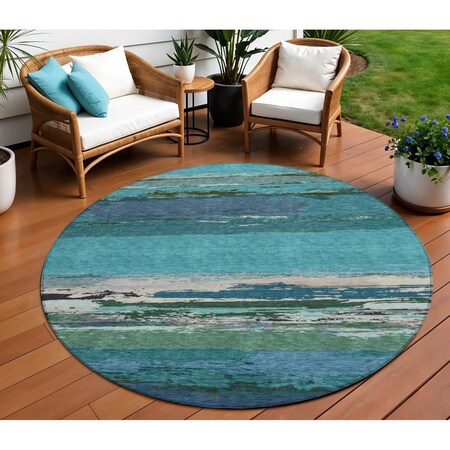Homeroots 8' Teal Blue Round Abstract Washable Indoor Outdoor Area Rug 608755