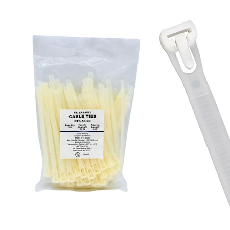 Cable Ties Unlimited Releasable Cable Tie, 6 in L, 50 lb Strength, 1.4 in Max Bundle Dia, Nylon 6/6, Natural, 100PK RT6-50-9C-.30