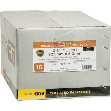 Pro-Fit 3-1/4'' x 0.120'' 15 Degree Wire Weld Brite Smooth Shank Coil Framing Nail, 2500 Ct. 616690