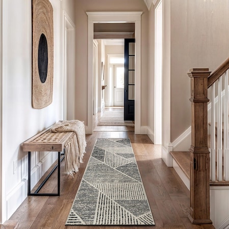 World Rug Gallery Contemporary Distressed Geometric Runner Rug 2 ft 3 in x 12 ft Cream WR93CREAM2X12