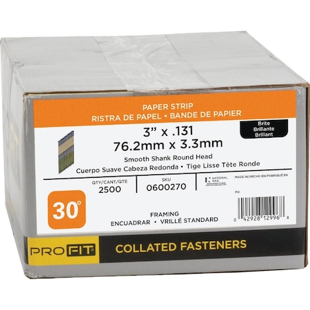 Pro-Fit 3'' x 0.131'' 30 Degree Paper Tape Smooth Shank Round Head Brite Framing Stick Nails, 2500 Ct. 600270