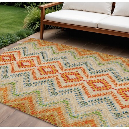 Homeroots 10' X 14' Beige Orange And Red Geometric Washable Indoor Outdoor Area Rug 581526