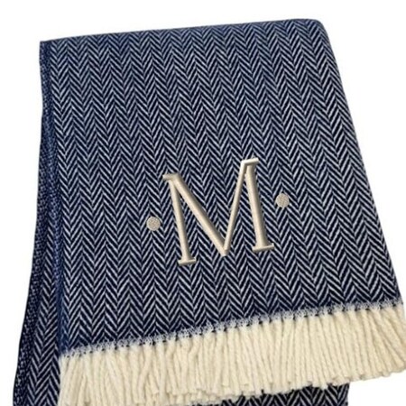 Homeroots 55" X 70" Navy Blue White Herringbone Cotton Blend M Initial Throw Blanket with Tassels Embroidery 680219