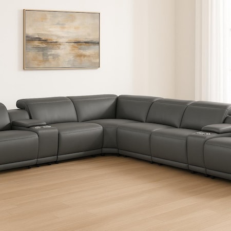 Homeroots Gray Italian Leather Modular L Shaped Eight Piece Corner Sectional With Console 534868
