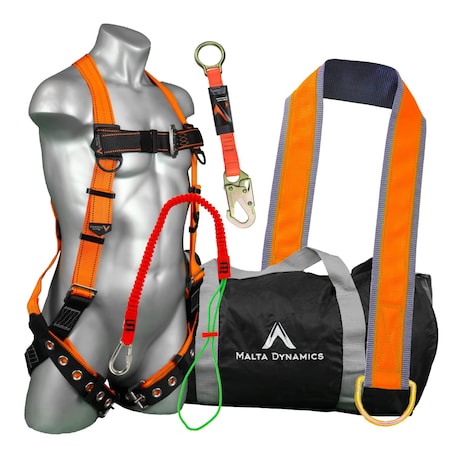 Malta Dynamics Safety Harness Fall Protection Kit, 5 Piece Bundle, Tongue Buckle Legs Full Body Harness L-XL B2002-C5010-C1006-A6350-K1002