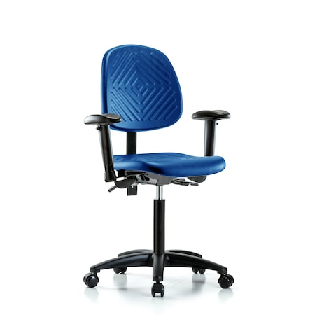 Blue Ridge Ergonomics Poly Chair, Med Bench, Med Back, Arms, Casters, Blue BR-PMBCH-MB-RG-T0-A1-NF-RC-BLU