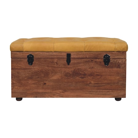 Homeroots 35in Yellow and Brown Tufted Genuine Leather and Solid Wood Upholstered Storage Bench With Flip Top 723829