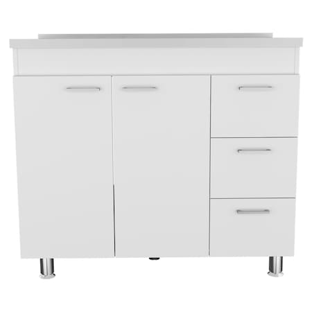 Homeroots 39in White Wood Lacquered Door Gloss Finish Door Accent Cabinet With Three Drawers 534982