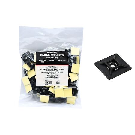 Cable Ties Unlimited Adhesive Cable Tie Mounts, 3/4 in Sq, Nylon 6/6, .14 in Slot Wd, UV Resistant, Black, 100PK CM75-0C