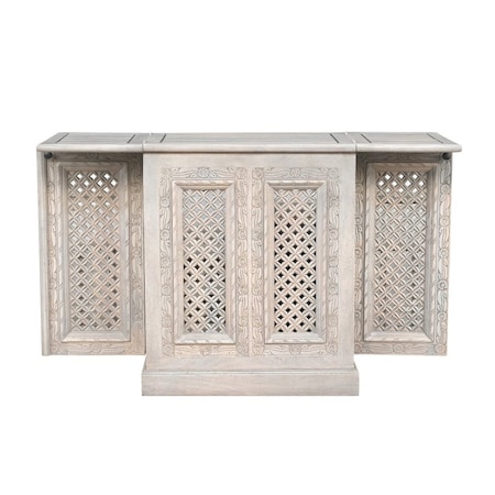 Homeroots 34in White Solid Wood Carved Floral Bar Cabinet With Two Doors And One Drawer 727849