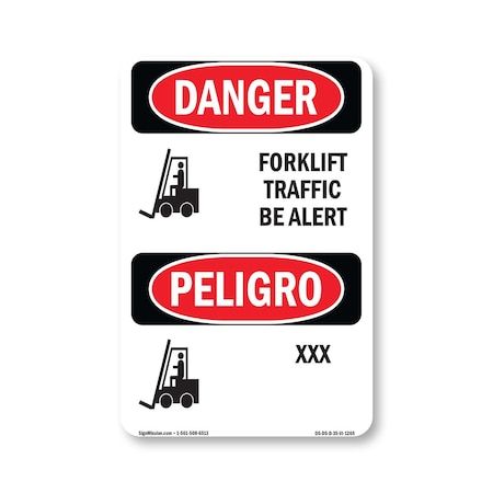 Signmission Safety Sign, OSHA Danger, 5" Height, Forklift Traffic Be Alert Bilingual, D-35-VI-1265 OS-DS-D-35-VI-1265