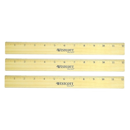 Westcott Flat Wood Ruler With Two Double Brass Edges, Standard/Metric, 12 in, Clear Lacquer Finish, 3PK 05221