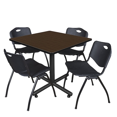 Regency Square Kobe Breakroom Table W/ 4 M Stack Chairs, 36 in W, 36 in L, Neo Walnut TKB3636NW47BK