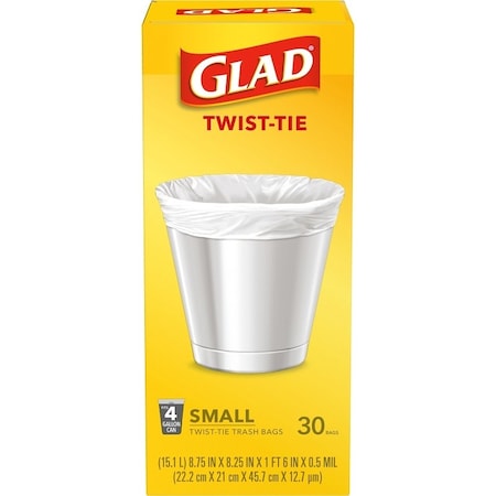 Glad Trash Bag, 4 gal, White, S, Plastic, 30PK 78817