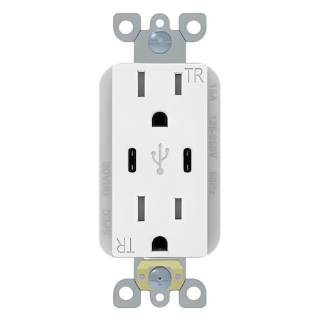 Energetic Lighting Dual Type-C USB Charger White 15 Amp Tamper Resistant Duplex Outlet with Type C Charger EUR-51TCC30