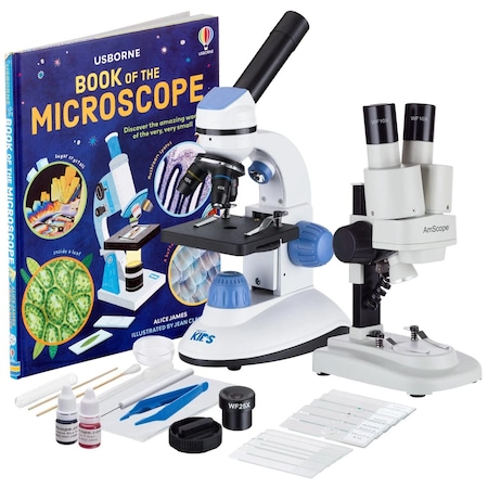 Amscope IQCrew By 20X Stereo Microscope and 1000X Compound Microscope for Kids and Students w/Slide Prep Ki M50C-SE100-B14-WM