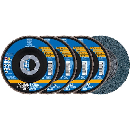 Pferd Flap Disc Set, 4-1/2"x7/8, ZPSF EXTRA STEELOX, 40/60/80/120Grit, T27, Flat 60390