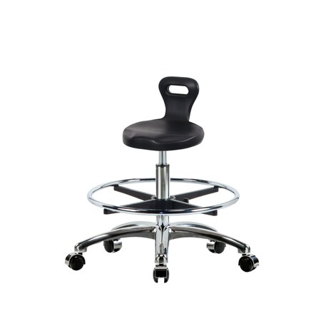 Blue Ridge Ergonomics Poly Serpent Stool Chrome - Medium Bench Height with Chrome Foot Ring & Chrome Casters in Black Poly PSPMBSL-CR-CF-CC-BLK