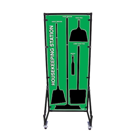 5S Supplies 5S Housekeeping Shadow Board Broom Station Version 1 - Green Board / Black Shadows With Broom HSB-V1-GREEN-KIT