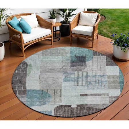 Homeroots 8' Teal Blue Gray And Charcoal Round Abstract Washable Indoor Outdoor Area Rug 604386