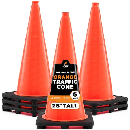 Xpose Safety Traffic Safety Cone, 28 in, PVC Plastic, No Collar, DOT Approved, Orange, 6 pk OTC28-6-X-S
