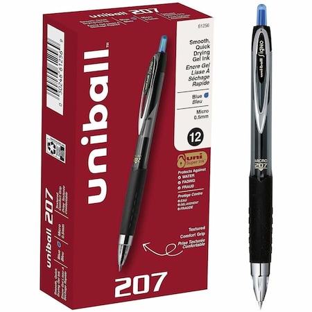 Uniball TM 207 Gel Pen - 0.5 mm Micro Pen Point - Refillable - Retractable - Blue Ink, 12PK 61256