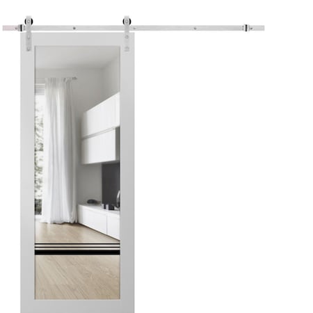 Sartodoors Sturdy Barn Door Clear Tempered Glass, Lucia 2666 White Silk and Aluminum Strips, 6.6FT Silver Rai LUCIA2666BD-S-WS-30 x 96
