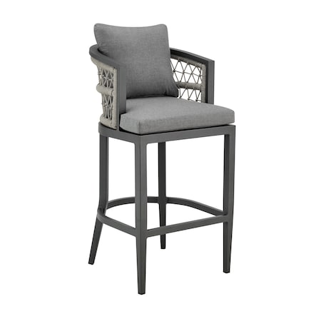 Armen Living Zella Outdoor Patio Counter Stool in Aluminum with Light Gray Rope and Earl Gray Cushions LCZEBAGRY26