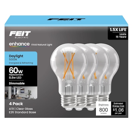 Feit Electric Feit Enhance A19 E26 (Medium) Filament LED Bulb Daylight 60 Watt Equivalence 4 pk A1960CL950/FIL4