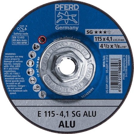 Pferd 4-1/2'' x 1/8 Grinding Wheel, 5/8-11 Thd. - SG ALU - Type 27 61312