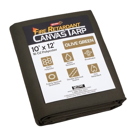 Mytee Products 10'x12ft Fire Retardant Canvas Tarp w/Aluminum Grommets - 16 oz, Olive Green FRCT10-12-OG