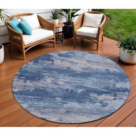 Homeroots 8' Navy Blue And Ivory Round Abstract Washable Indoor Outdoor Area Rug 630929