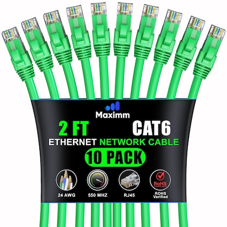 Maximm Cat6 Ethernet Cable 2ft 10Gbps 550MHz UTP, 10PK, Green, 10PK CAT6-CCA-2FTGREEN-10PK