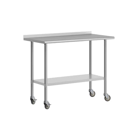 Flash Furniture Rawcliffe SS 18Ga Work Table w/1.5in. Backsplash, Undershelf and 2 Locking Casters, 48 x 24 x 36 NH-WT-2448BSP-CAS-GG