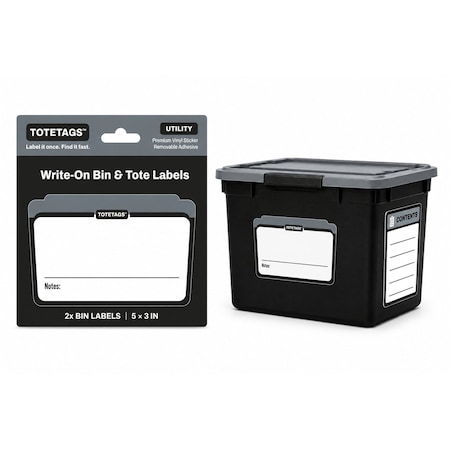 Totetags Storage Bin Labels, Write-On Tote Labels, Includes Contents Sticker, Grey, 1 Set, 5 in x3 in, 2PK TOTETAGS-1X1-GRY