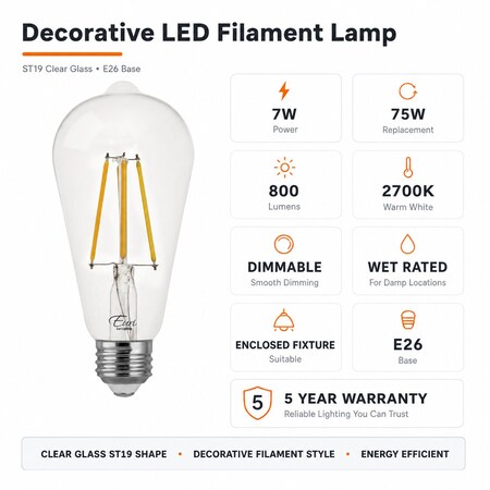 Euri Lighting ST19 LED Filament Bulb, 7W, 800 lm, 75W Eq., 2700K, E26, Dimmable, Wet Rated, UL VST19-3000e