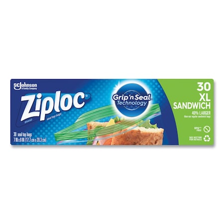 Ziploc Sandwich Seal Top Bags, XL Sandwich, 8in x 7in, Clear, 30PK 366143
