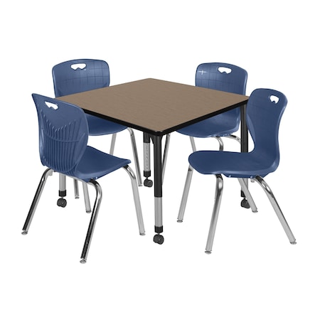 Regency Square Kee Mobile Adjustable Classroom Table W/ 4 Andy Chairs, 36 in W, 36 in L, Noble Oak TB3636NOAPCBK40NV