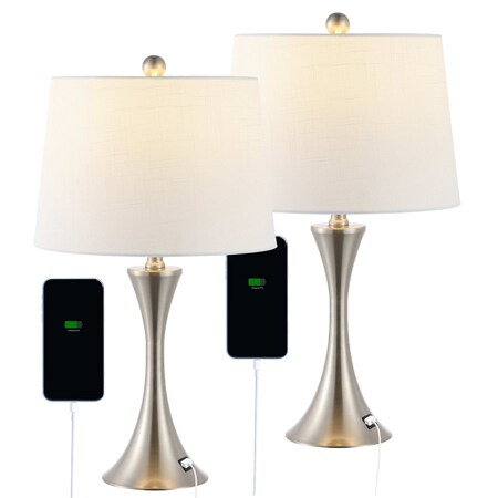 Jonathan Y Bennett 22.75" Modern Glam Iron Hourglass LED Table Lamp with USB Charging Port, Nickel, 2PK JYL6621B-SET2