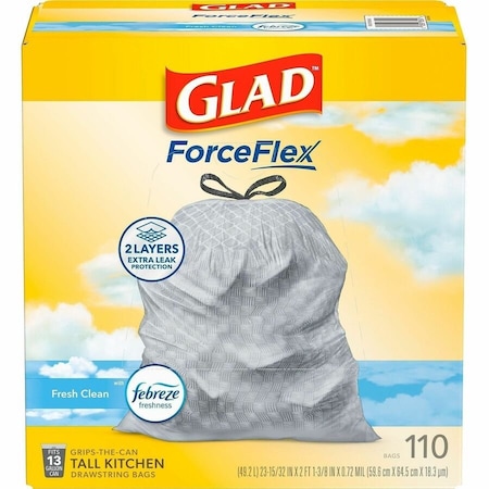 Glad ForceFlex Tall Kitchen Drawstring Trash Bags, 13 gal, Fresh Clean Scent, 10.19 x 9.81, Gray, 330PK 78563
