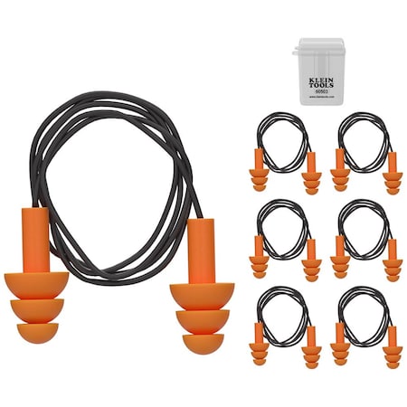 Klein Tools Reusable TPE Earplugs, Triple Flanged Shape, 25 dB, Orange, 6 PK 605036