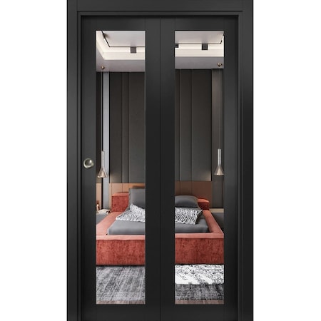Sartodoors Sliding Closet Bi-fold Doors, Lucia 1299 Matte Black with Mirror, Sturdy Tracks Moldings Trims Har LUCIA1299BF-BLK-36 x 80 (2* 18x80)