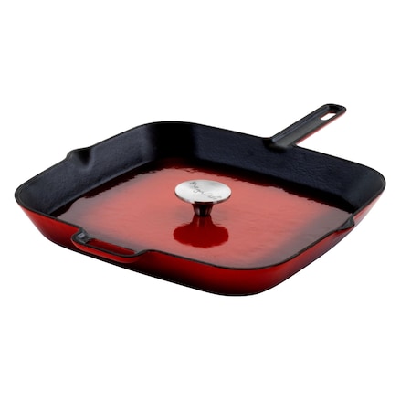 Megachef 11 Inch Square Enamel Cast Iron Grill Pan with Matching Grill Press in Red with Press MG-GS28AR
