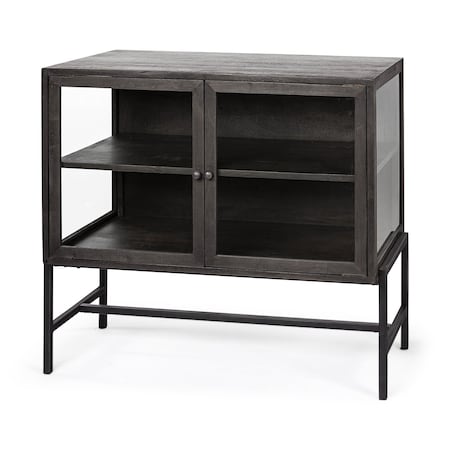 Homeroots 36in Brown and Black Solid Wood and Metal Display Cabinet With Two Doors 611058