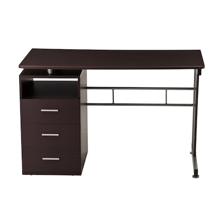 Homeroots 48" Chocolate Wood and Stainless Steel Computer Desk With Three Drawers 723743