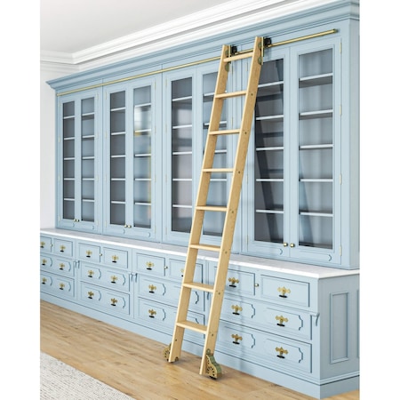 Quiet Glide 8.06 ft. White Oak Sunburst Wheel Brushed Satin Brass Rolling Hook Removable Ladder, 12 ft. Rail QG.510-8WO-12-H.06B