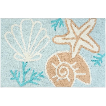 Homeroots 32" Blue Tan And White Cotton Seashells And Coral Bath Rug 634900